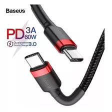 Cable Baseus Qc 3.0 De 60 W Reforzado Tipo C De 2 Clavijas, 50 Cm, Color Negro