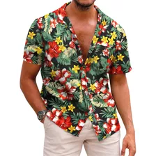 Camisa De Manga Corta Con Estampado Hawaiano Para Hombre