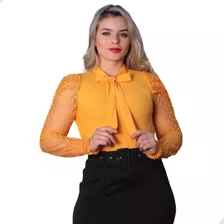 Camisa Social Feminina Manga Longa Com Tule Laço Linda Rf243