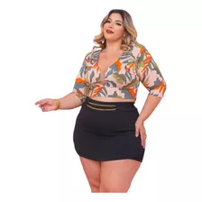 Conjunto Feminino Blusa E Short Com Lycra Plus Size 46 Á 54