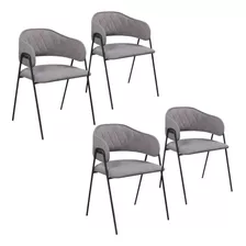 Conjunto 4 Cadeiras Veneza No Bouclé Cinza E Metal Preto
