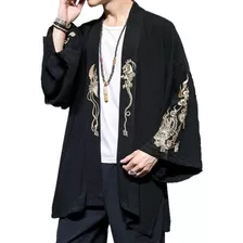 Hombres Kimono Vintage Abrigo Dragón Japonês Bordado