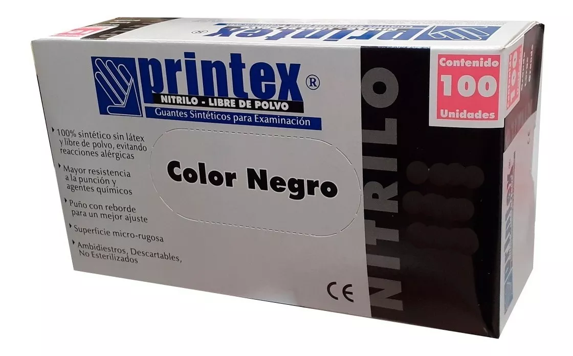 Guantes Descartables Printex Color Negro Talle M De Nitrilo X 100 Unidades