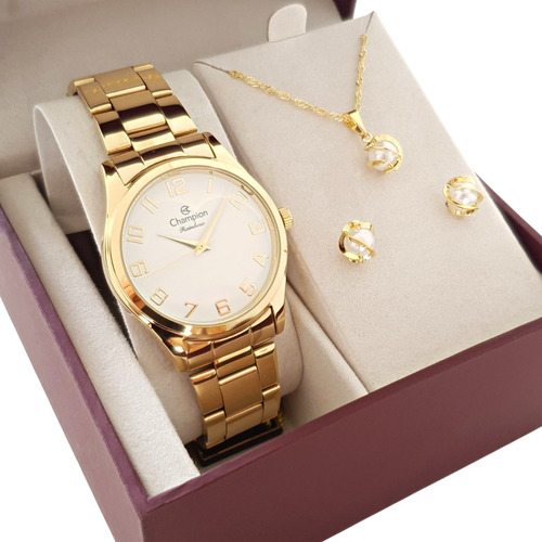 Relógio Champion Feminino Dourado Kit Colar Brincos Cn29883j