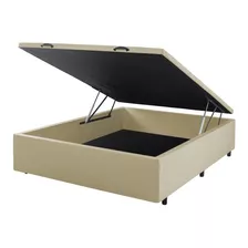 Cama Box Baul 2 Plazas Madera Gran Tamaño Tela De Lino Beige