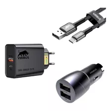 Kit Cabo Usb C + Carregador Turbo 20w + Carregador Veicular