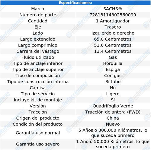 1 Amortiguador Gas Tras Izq/der Giulietta L4 1.8l 12 Sachs Foto 2