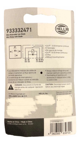 Mini Relevador Relay Con Diodo Hella 24v 10/20a 5 Terminales Foto 5