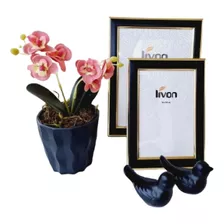 Kit Decoração 02 Porta Retratos Casal Passarinhos Vaso Flor