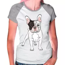 Camiseta Raglan Buldog Francês Pet Dog Cinza Branca Fem04