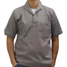 Camisa Jaleco Brim Gola Italiana Manga Curta Trabalho Cinza