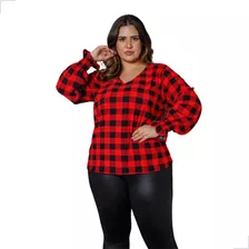 Blusa Feminina Xadrez Manga Longa Plus Size