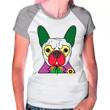Camiseta Raglan Buldog Francês Pet Dog Cinza Branca Fem03
