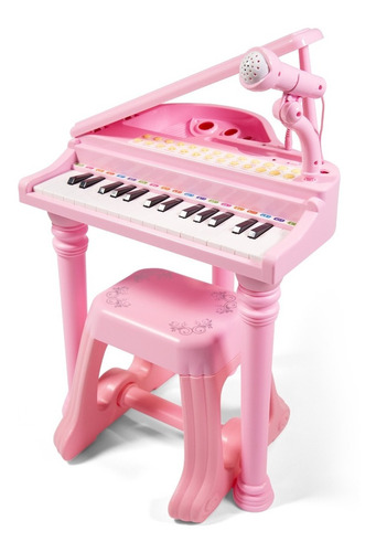 Teclado Piano Rosa Infantil Microfone Banquinho Instrumento