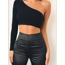 Cropped Feminino Um Ombro Só Manga Longa 