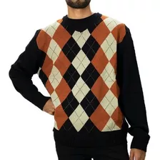 Suéter Masculino Tricot Losango Jacquard Tricot Lã Decote Vê