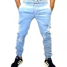 Calça Jeans Masculina Jogger Punho Elastico Rasgada Destroye