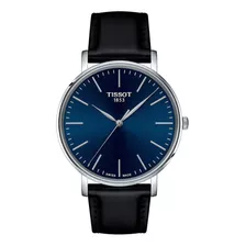 Reloj Tissot Everytime Gent Para Hombre De Cuero Negro Ss Color Del Bisel Plateado Color Del Fondo Azul