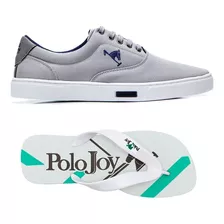 Kit 1 Tênis Sapatênis Polo Joy Casual Em Lona + Chinelo 