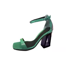 Sandalia Candance Verde Taco Acrilico Negro Hueco 8.5 Cm