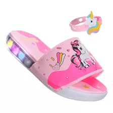 Kit Chinelo Com Luz E Pulseira Branco Rosa Unicornio Infanti