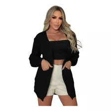 Casaco Feminino Kimono Trico Com Bolso Promoção Inverno