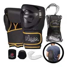 Kit Luvas De Boxe Muay Thai Naja Black + Protetor + Bucal