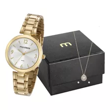 Kit Relógio Mondaine Feminino Dourado + Colar E Brincos Cor Do Fundo Prata