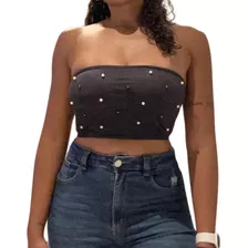 Top Faixa Sued Com Bojo Pérola Versátil Festa Casual Cropped