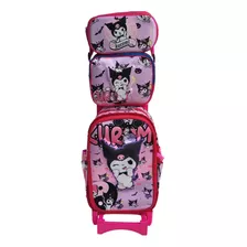 Combo Mochila Escolar Primaria 3d Carro Kuromii Sanrioo Anime Niña Premium Lonchera Cartuchera Rosa Lila 