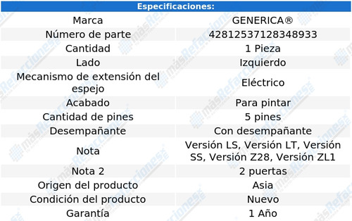 Espejo Chev Camaro 2010 - 2015  V / Zl1 / Z28 / Ss Izq Rxc Foto 2