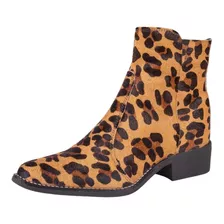 Bota Feminina Cano Curto Em Couro Animal Print Salto Médio