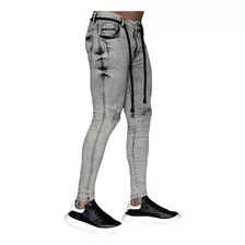 Calça Jeans Skinny Tinturada Destroyed C/ Cordão
