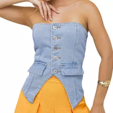 Blusa Top Cropped Jeans Tomara Que Caia Colete