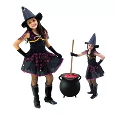 Fantasia Bruxa Infantil + Luvas + Chapéu Halloween Bruxinha 