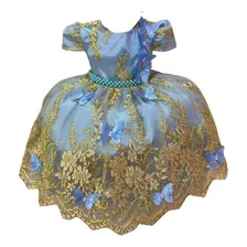 Vestido Infantil Azul Renda Realeza E Aplique De Borboletas
