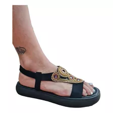 Sandalias Bajas Ojota De Mujer Chatitas Negras Brillo Hindu