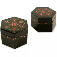 Novica Lacquerware Mango Wood Caja Decorativa, Rosa Y Negro 