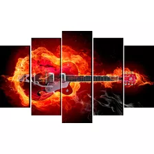 Cuadro Decorativo 5 Piezas Guitarra Roja Fuego Musica Textur