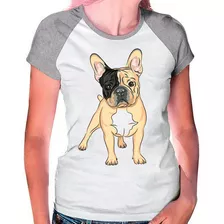 Camiseta Raglan Buldog Francês Pet Dog Cinza Branca Fem05