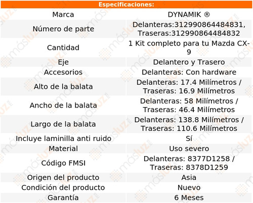 Kit Balatas Uso Severo Del + Tras Mazda Cx-9 V6 3.7l 07/14 Foto 4