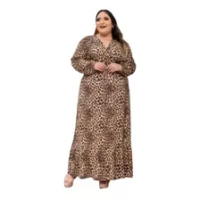 Vestido Longo Manga Longa Com Lastex Plus Size Estampado