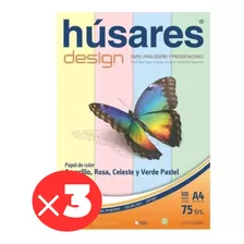 Resma Húsares Design A4 Colores Pasteles 75grs X 3 Unidades