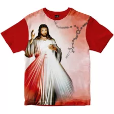 Camiseta Jesus Misericordioso Com Terço Vermelho Rainha