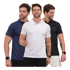 Kit 3 Camisa Polo Masculina Lisa Preto Azul Marinho E Branca