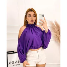 Blusa Feminina Social Manga Longa Bufante Cropped Gola Alta