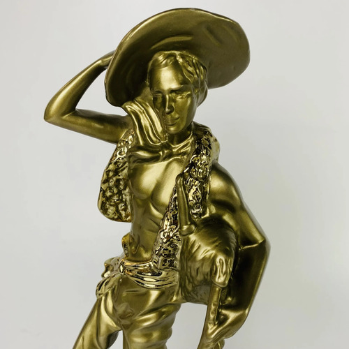 Escultura Camponês Dourado Com Cão 43cm Vintage Dourado-escuro 3