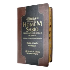 Bíblia De Estudo Do Homem Sábio Letra Gigante Com Harpa Cristã Capa Luxo Preto Com Marrom Com Índice