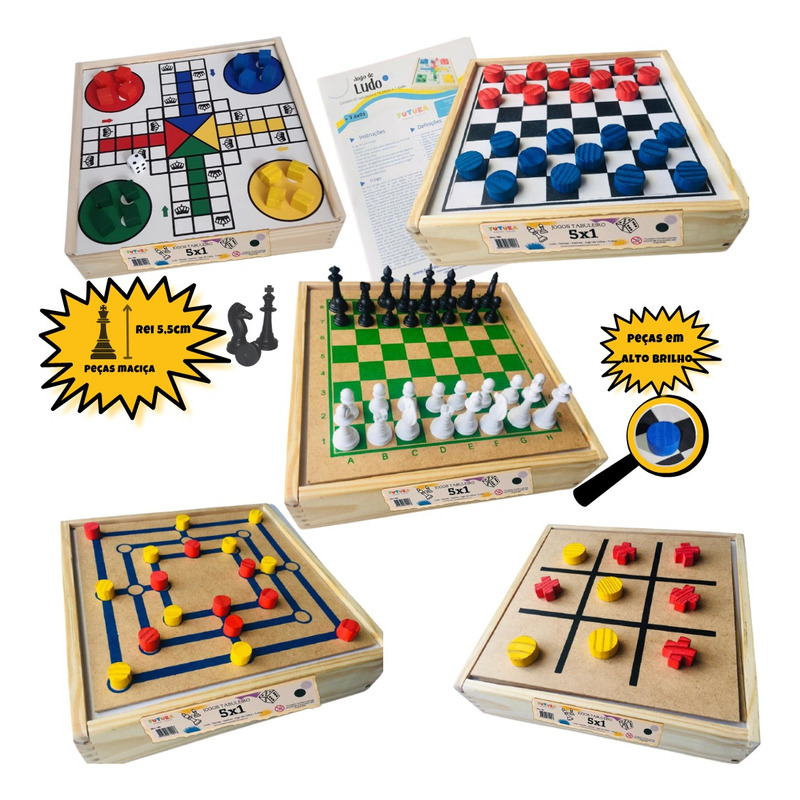 Jogos De Tabuleiro 6x1 Xadrez Damas Ludo Trilha Velha Resta1 em