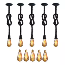 5 Luminárias Teto Pendente Corda 1,20m 5 Lâmpada Retro St64 